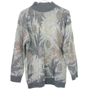 Vintage 90s Grannycore Pullover Sweater Mockneck Womens Size Medium Gray Leaf